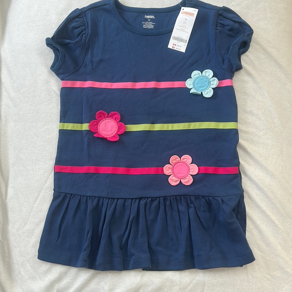 NWT Gymboree short sleeve blue top/ embroidered flowers on top of ribbon stripes